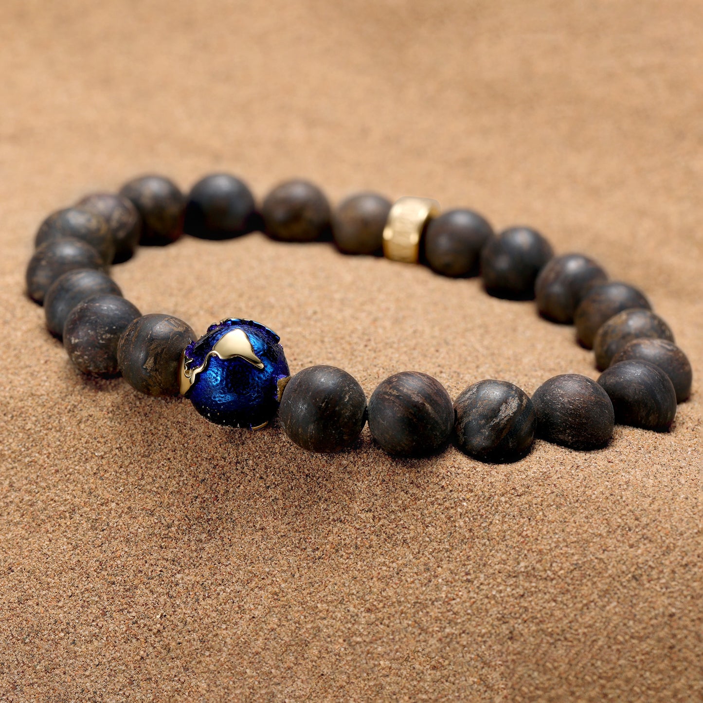 KINGKA Bronzite Stone Bead Bracelet, Gold Blue, The Earth - KINGKA Jewelry
