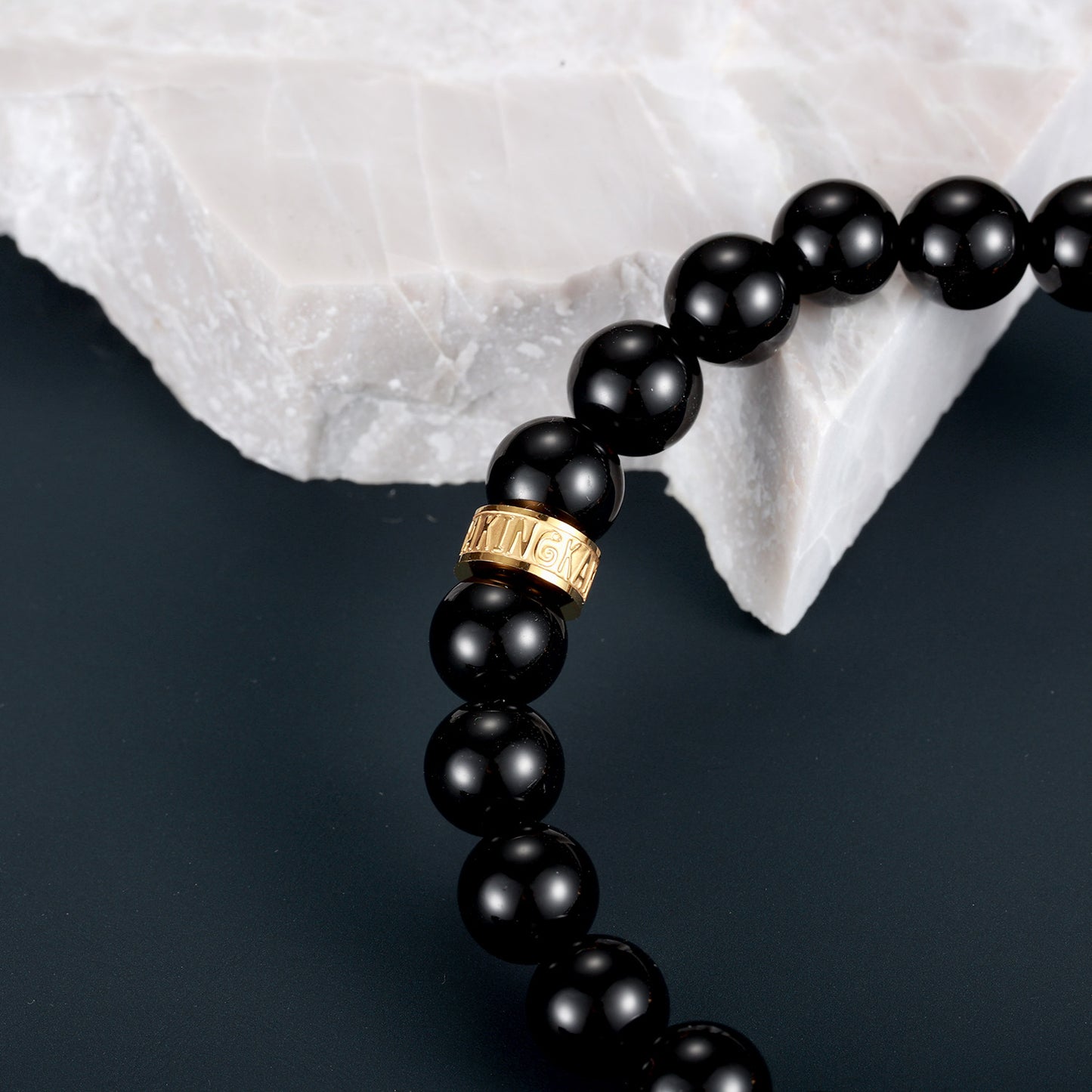 KINGKA Natural Tiger Eye Black Onyx Stone Bracelet with 316 Stainless Steel Earth Accessory