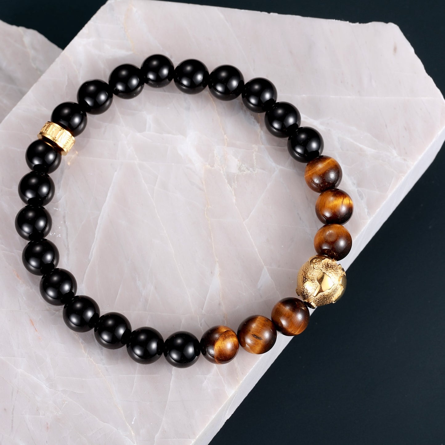 KINGKA Natural Tiger Eye Black Onyx Stone Bracelet with 316 Stainless Steel Earth Accessory