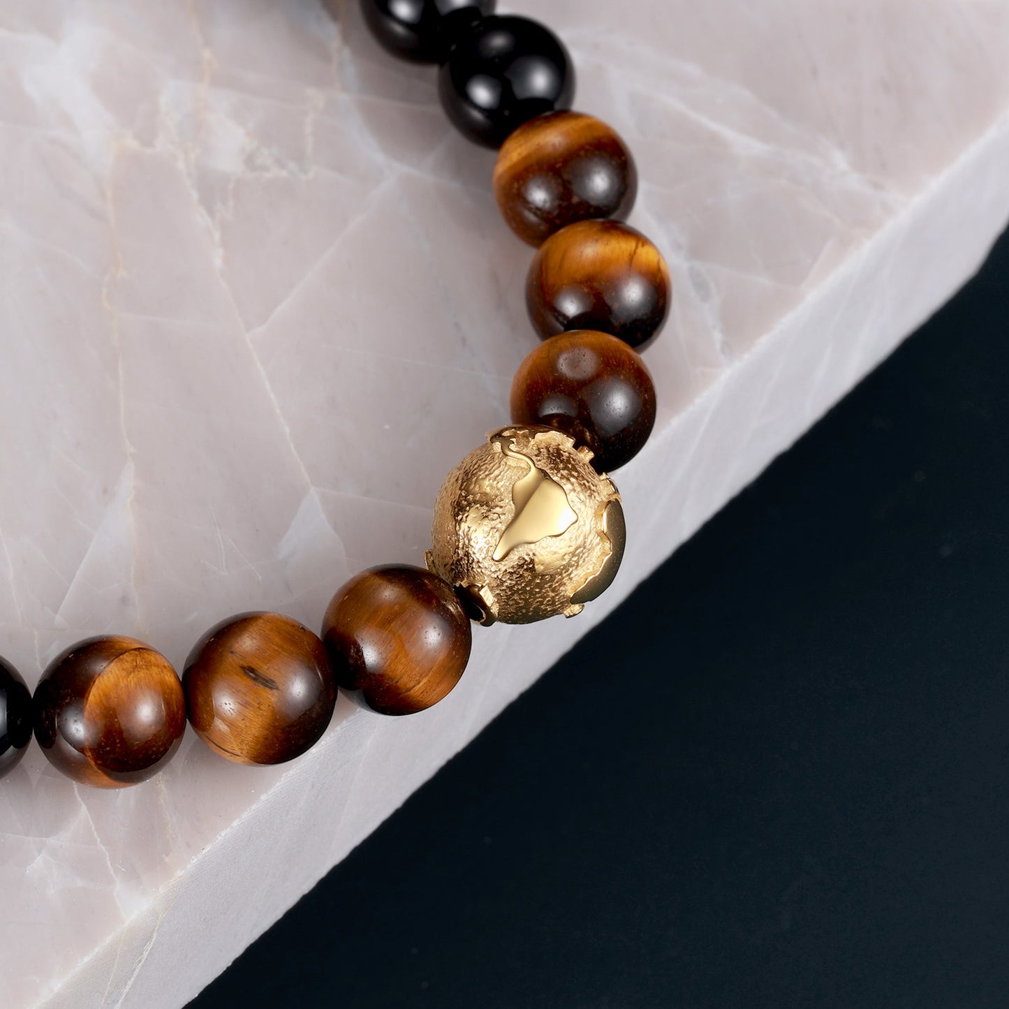 KINGKA Natural Tiger Eye Black Onyx Stone Bracelet with 316 Stainless Steel Earth Accessory