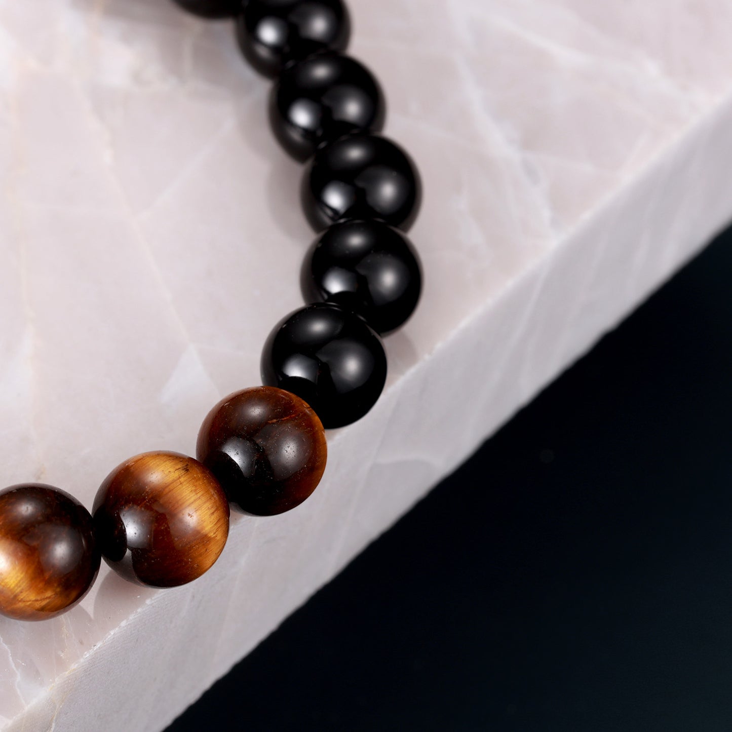 KINGKA Natural Tiger Eye Black Onyx Stone Bracelet with 316 Stainless Steel Earth Accessory