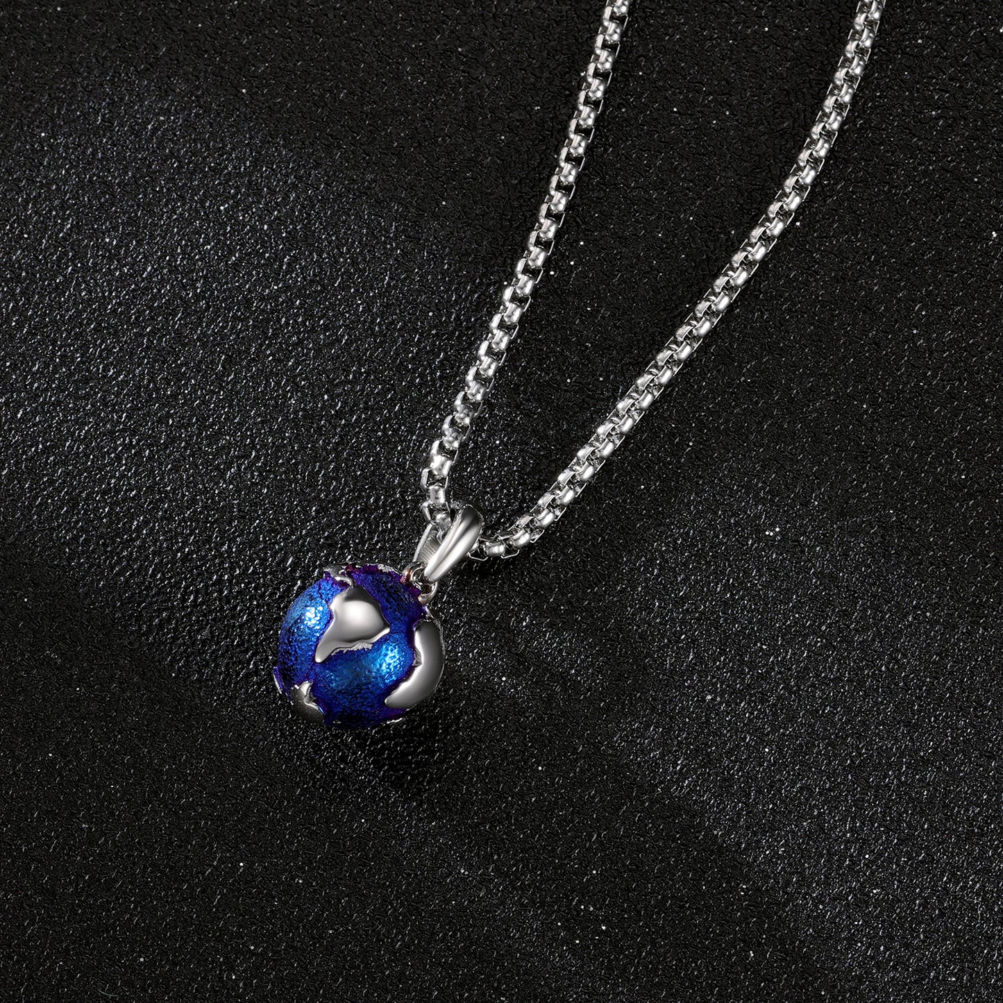 KINGKA Stainless Steel World Map Pendant Necklace, Blue Silver
