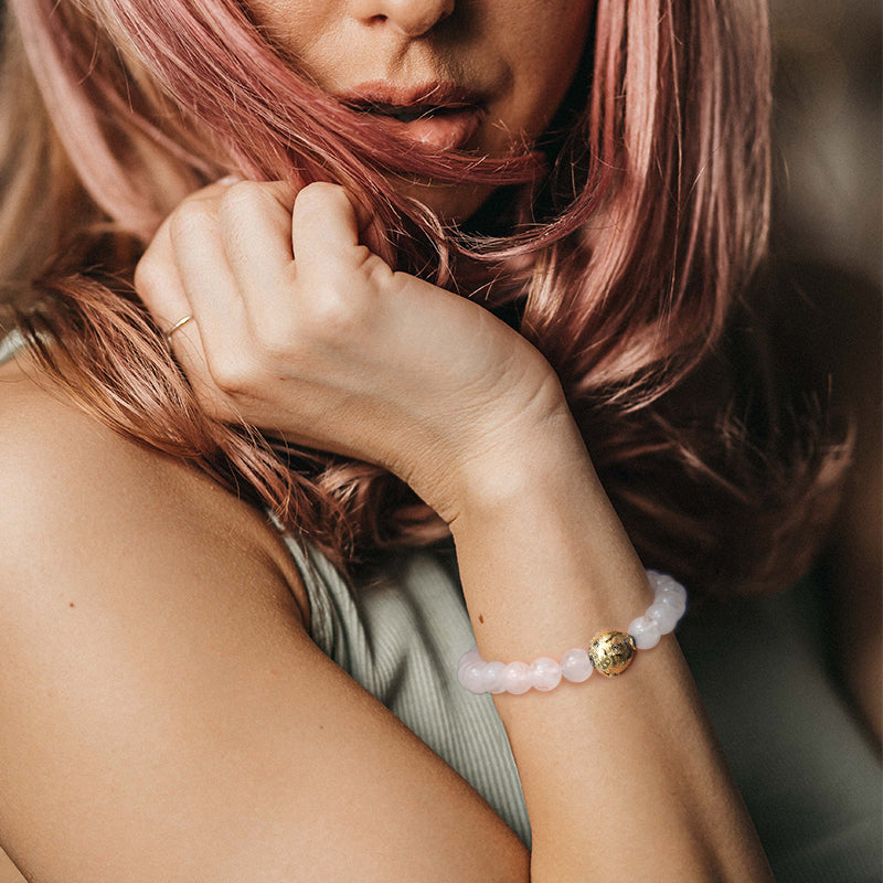 KINGKA Gold Plating Goble Rose Quartz Beaded Bracelet for Women