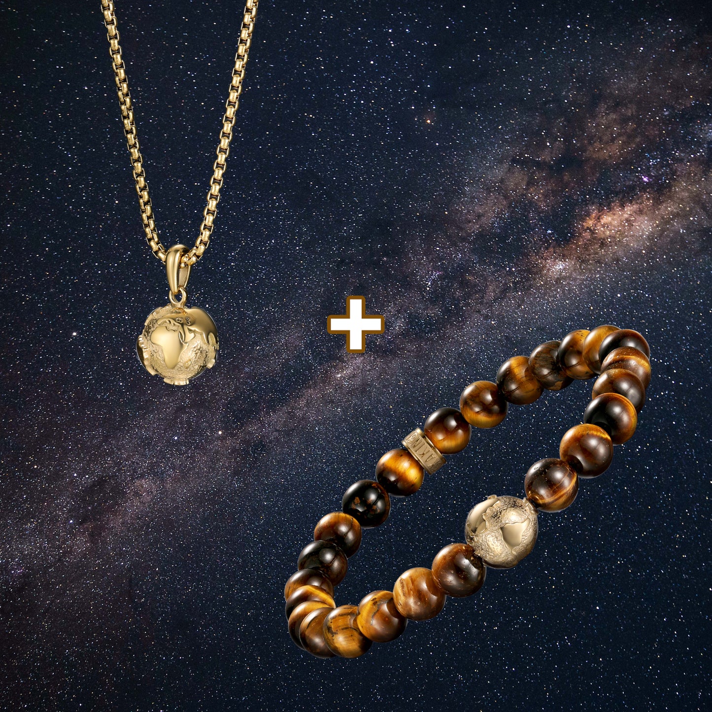 Natural Tiger Eye Bracelets with 316 Stainless Steel Earth Bead & The Earth Necklace