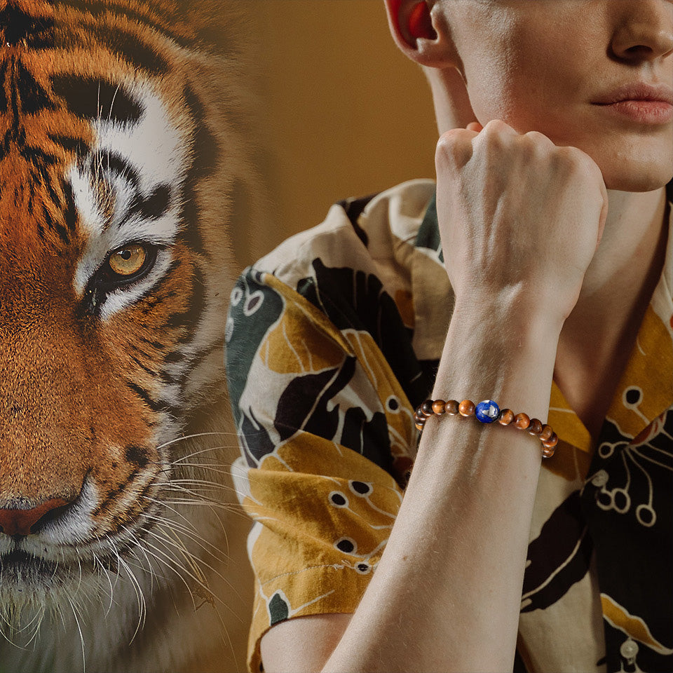 KINGKA Natural Tiger Eye Bead Stone Bracelet with 316 Stainless Steel Earth Accessory