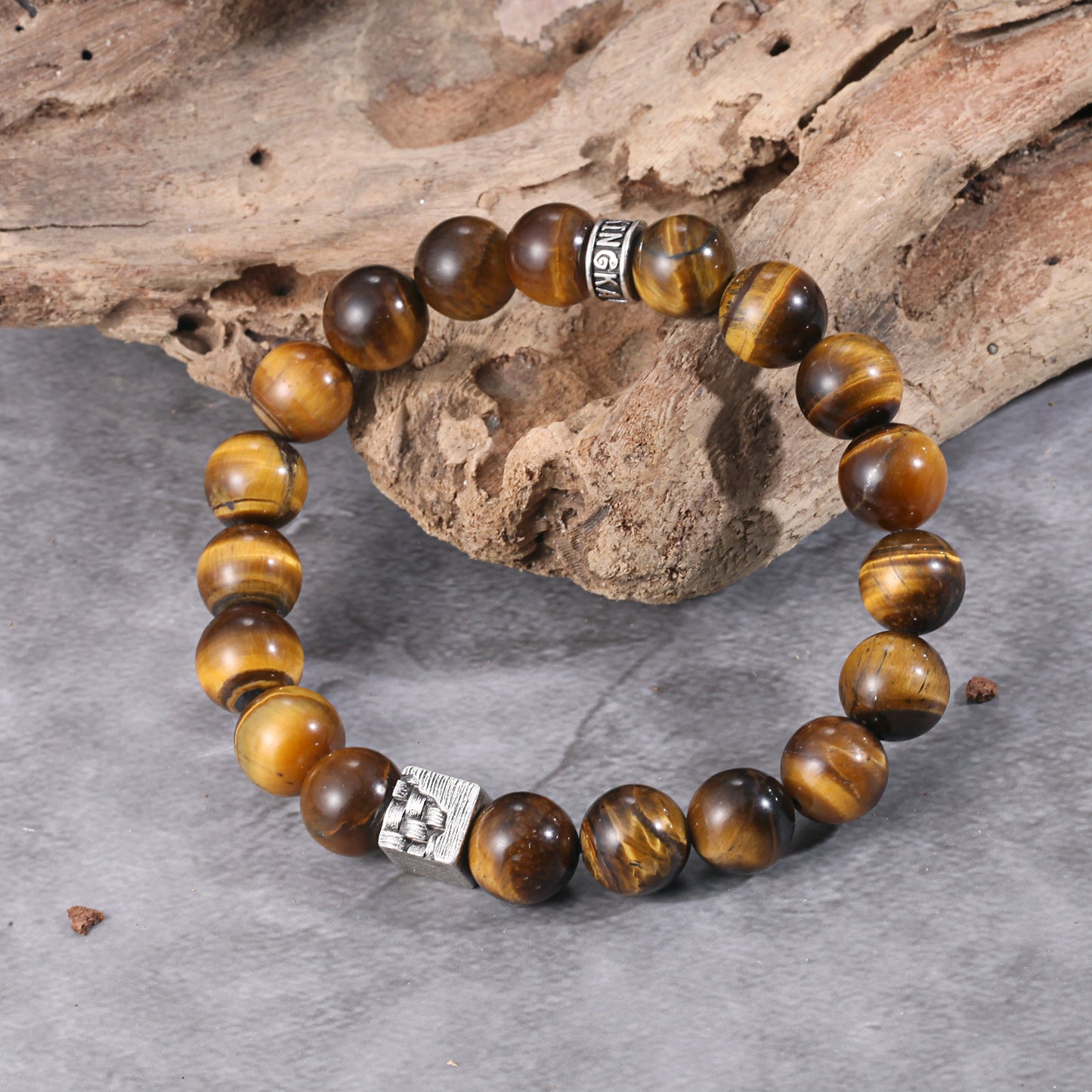 Men's Wristband with Tiger Eye, Woven Cube - KINGKA Jewelry