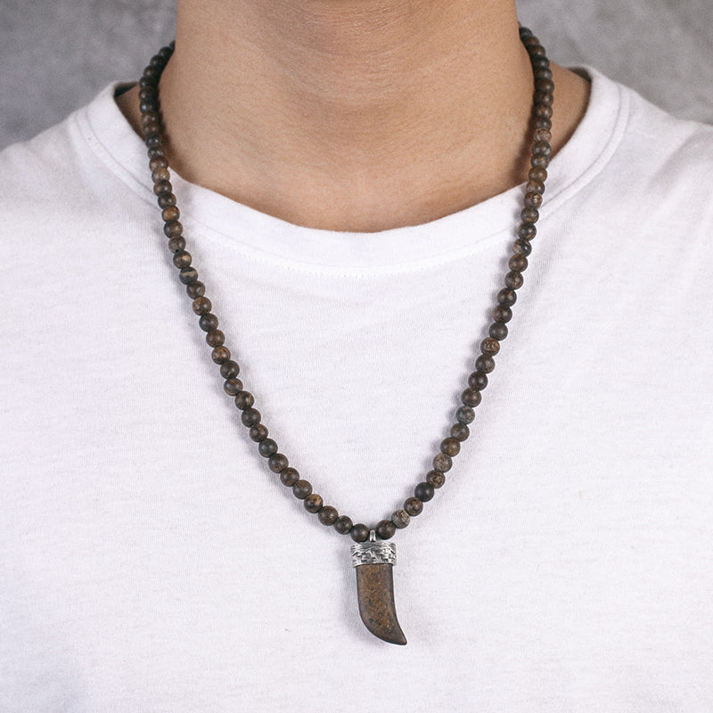 Men's Wolf's Fang Necklace with Beaded Chain - KINGKA Jewelry