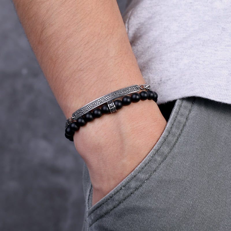 Men's Stacking Bracelet with Onyx, Reptile Engraved Chain - KINGKA Jewelry