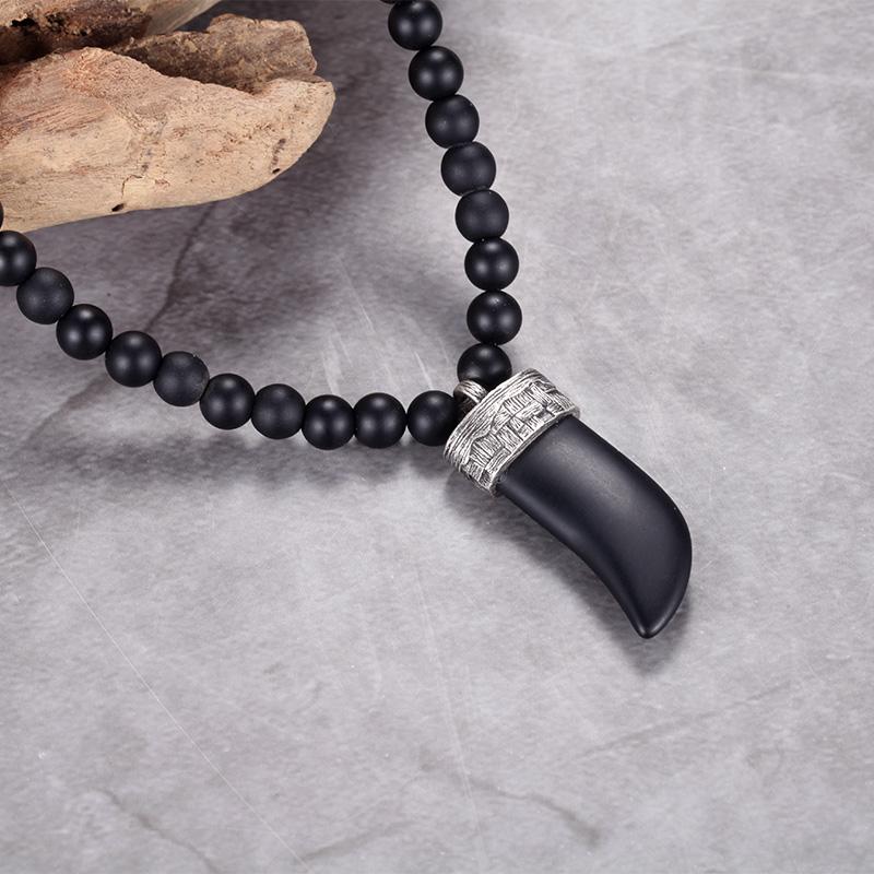 Men's Wolf's Fang Necklace with Beaded Chain - KINGKA Jewelry