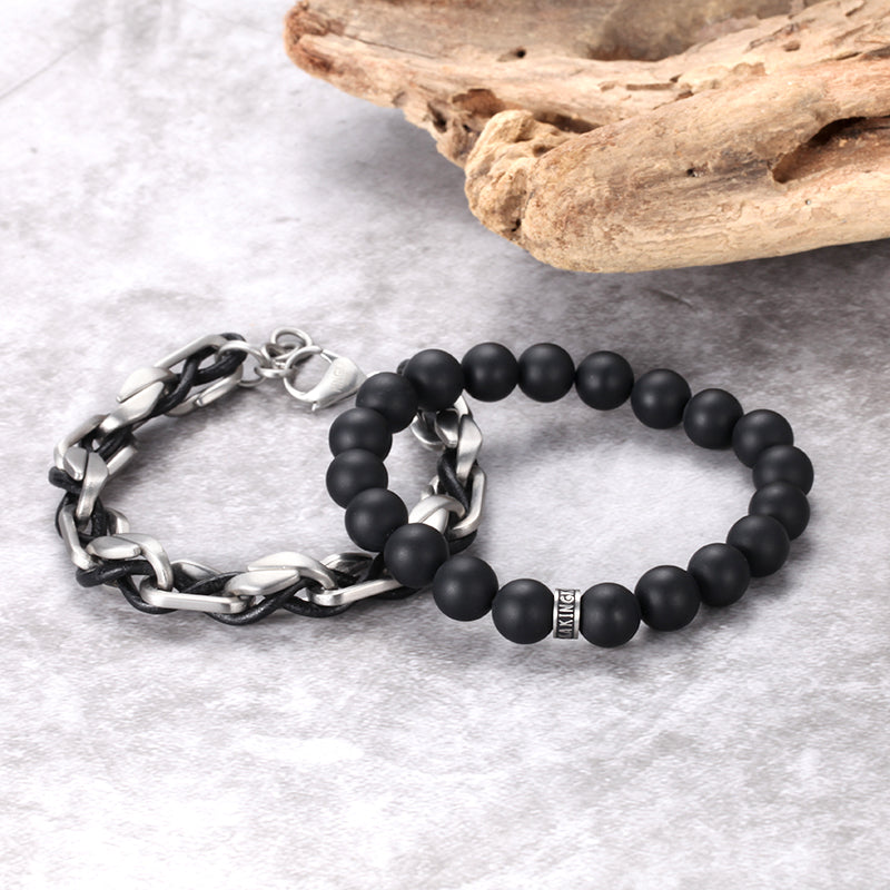 Men's Stacking Bracelet with Onyx, Chain - KINGKA Jewelry