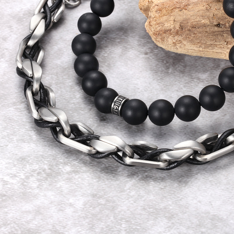 Men's Stacking Bracelet with Onyx, Chain - KINGKA Jewelry