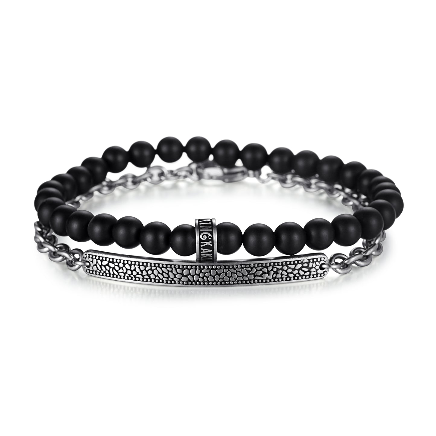 Men's Stacking Bracelet with Onyx, Reptile Engraved Chain - KINGKA Jewelry