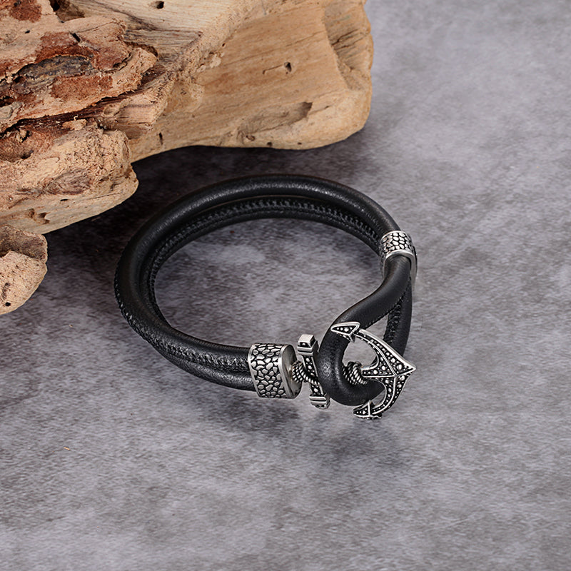 Men's Leather Bracelet with Anchor - KINGKA Jewelry