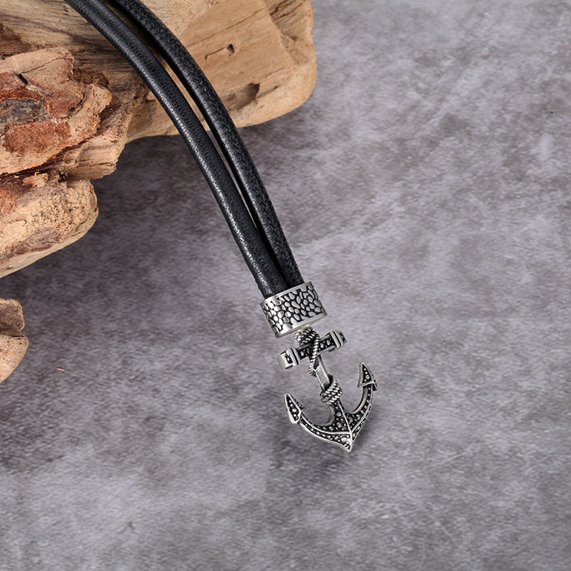 Men's Leather Bracelet with Anchor - KINGKA Jewelry