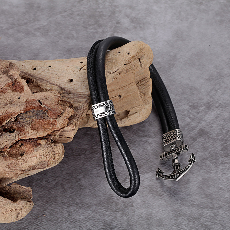 Men's Leather Bracelet with Anchor - KINGKA Jewelry