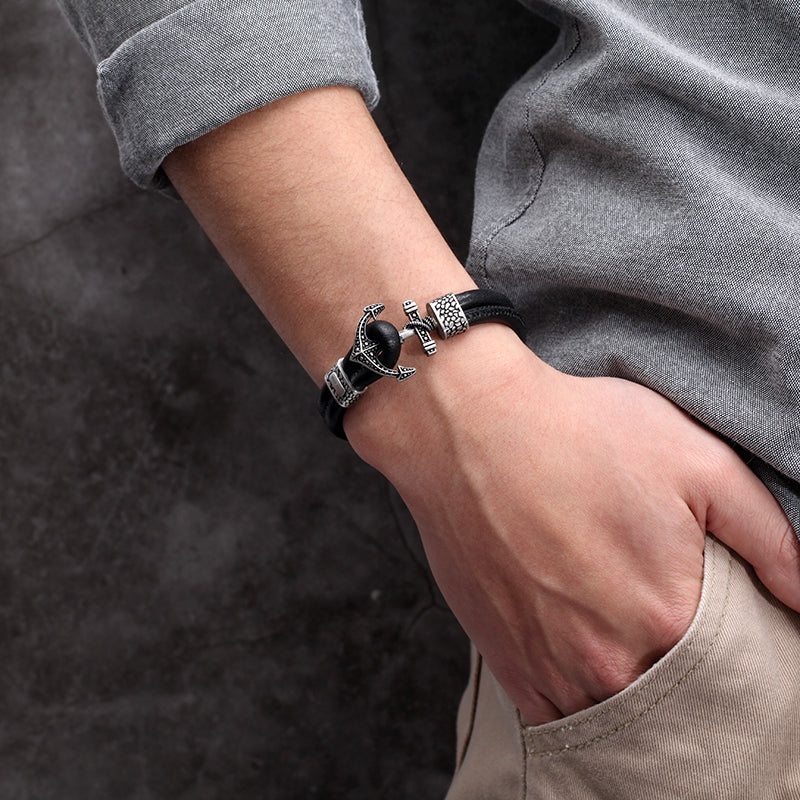 Men's Leather Bracelet with Anchor - KINGKA Jewelry
