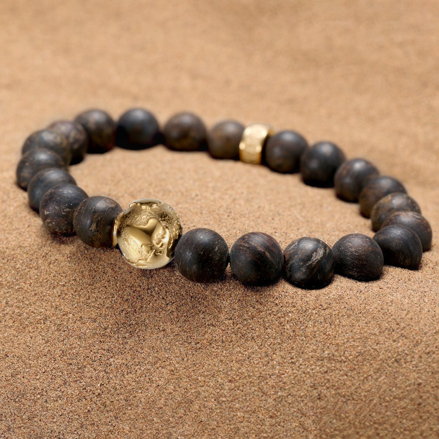 KINGKA Bronzite Stone Beaded Bracelet Gold Plating Globe Map