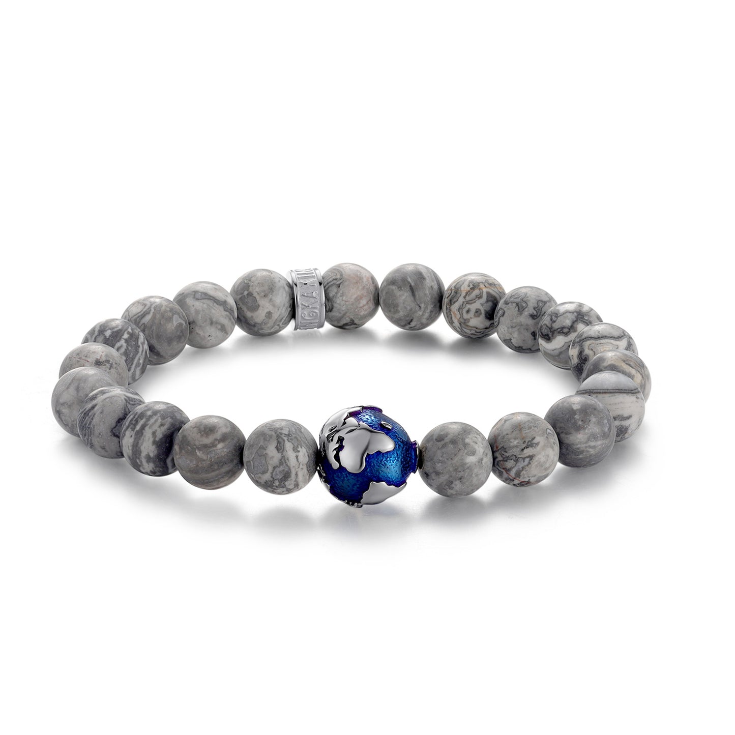 KINGKA Grey Jasper Bead Bracelet, Silver Blue, The Earth - KINGKA Jewelry