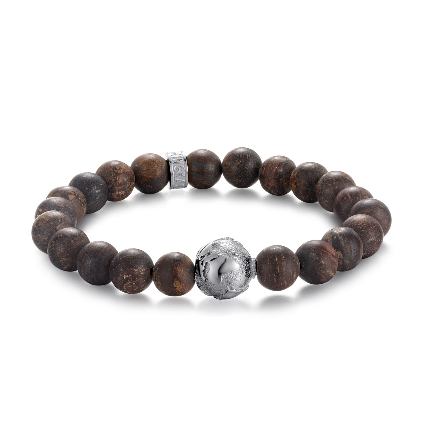 KINGKA Bronzite Stone Beaded Bracelet with 316 Stainless Steel Globe Map Accessory