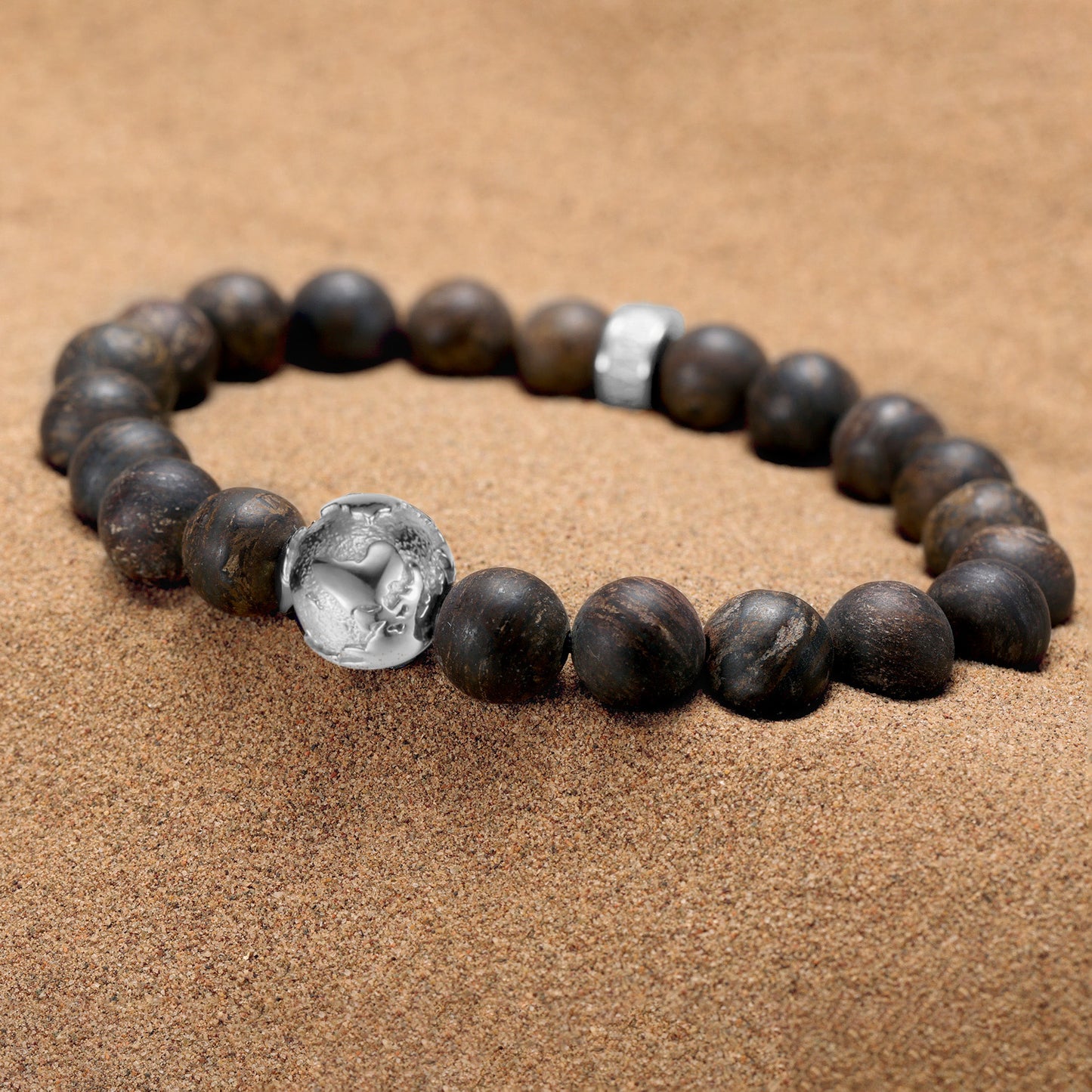 KINGKA Bronzite Stone Beaded Bracelet with 316 Stainless Steel Globe Map Accessory