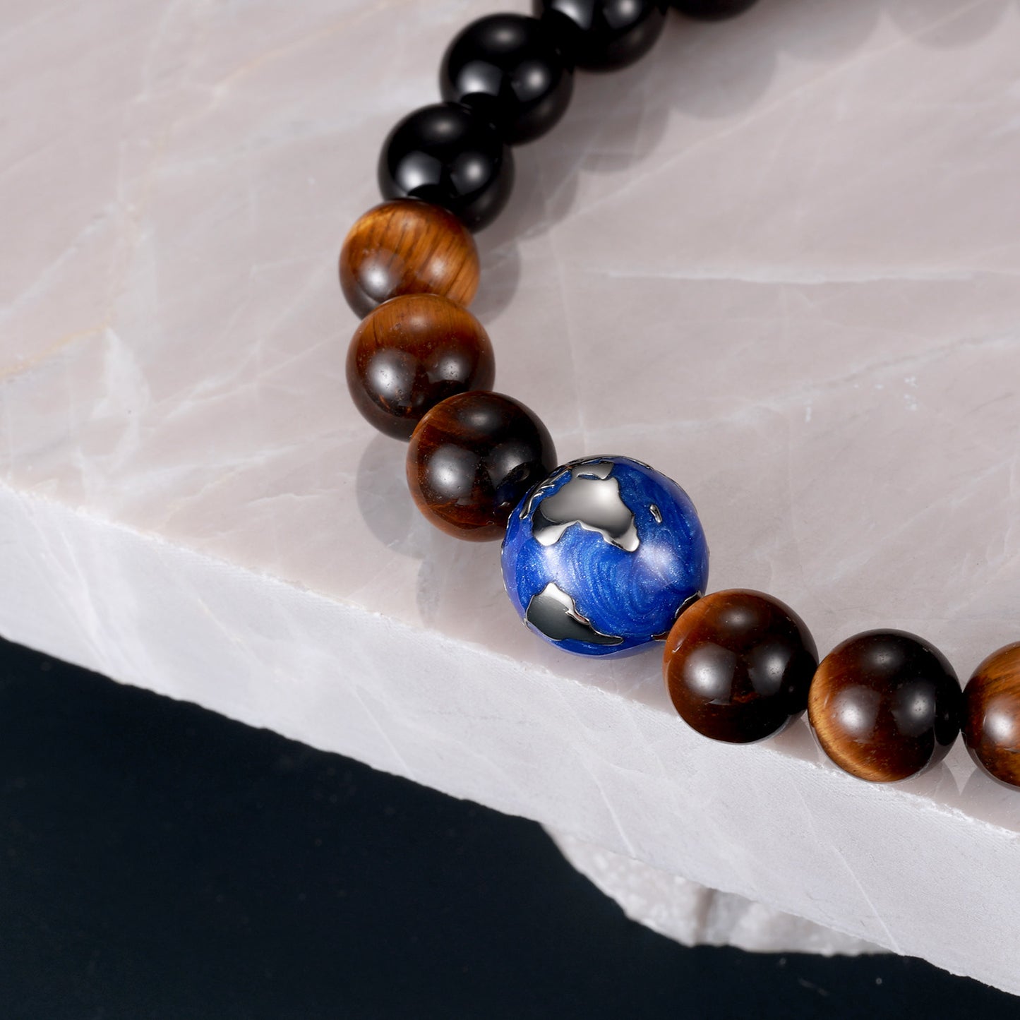 KINGKA Natural Tiger Eye Black Onyx Stone Bracelet with 316 Stainless Steel Earth Bead