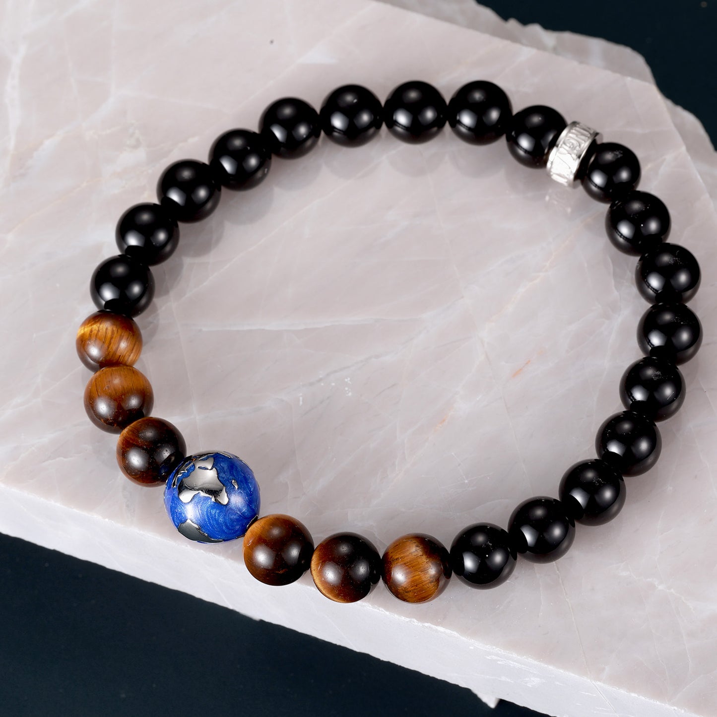 KINGKA Natural Tiger Eye Black Onyx Stone Bracelet with 316 Stainless Steel Earth Bead