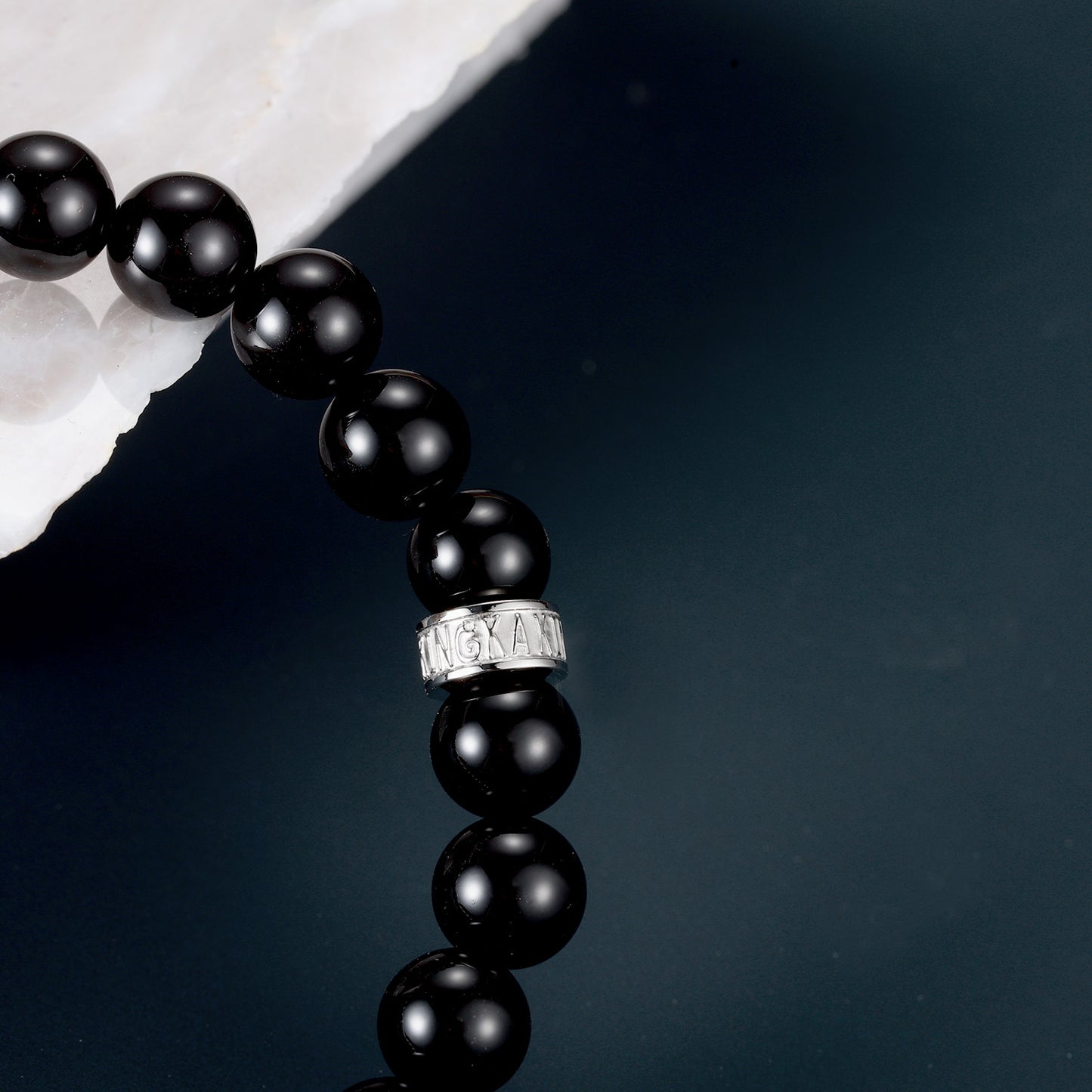 KINGKA Natural Tiger Eye Black Onyx Stone Bracelet with 316 Stainless Steel Earth Bead