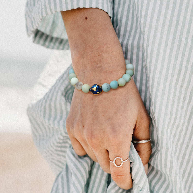 KINGKA Amazonite Stone Gold Blue Plating Globe Earth Beads Bracelet, Love The Earth