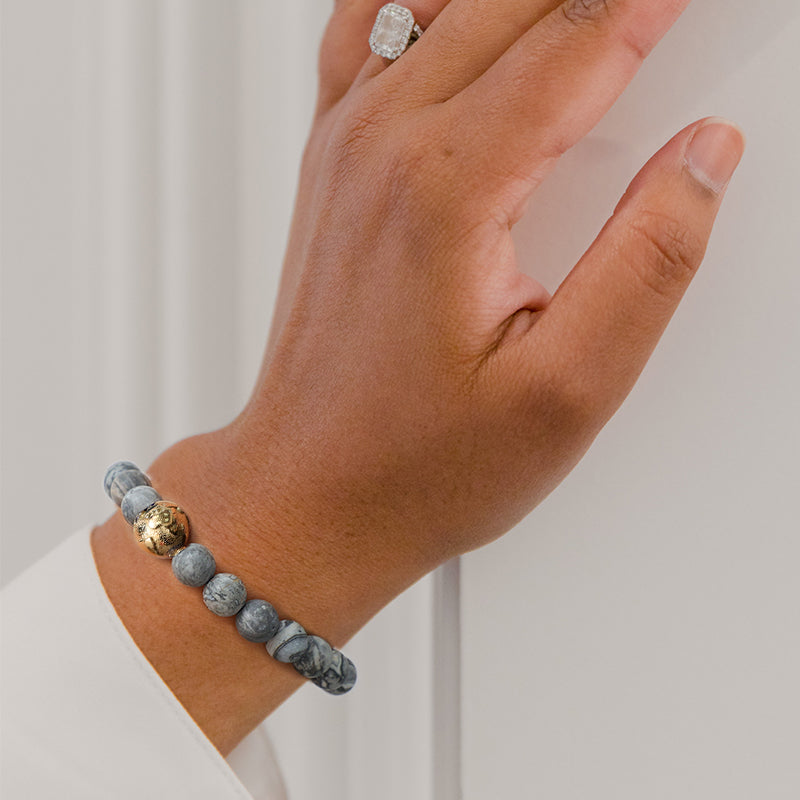KINGKA Gold Plating Globe Earth Grey Jasper Bead Bracelet