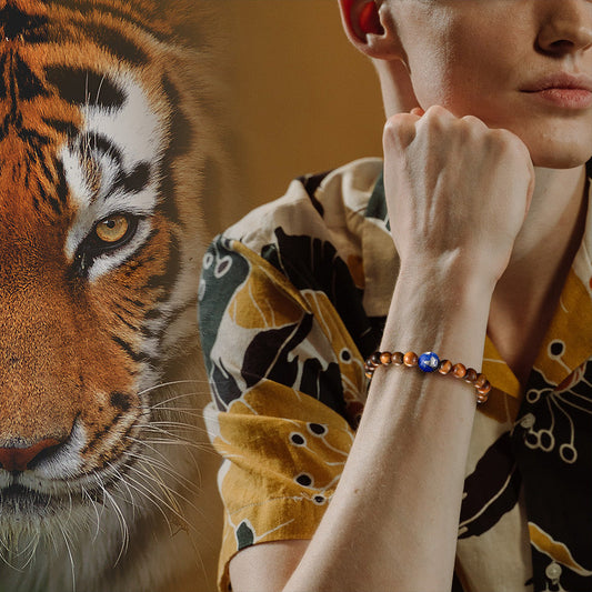 KINGKA Natural Tiger Eye Bead Stone Bracelet with 316 Stainless Steel Earth Accessory