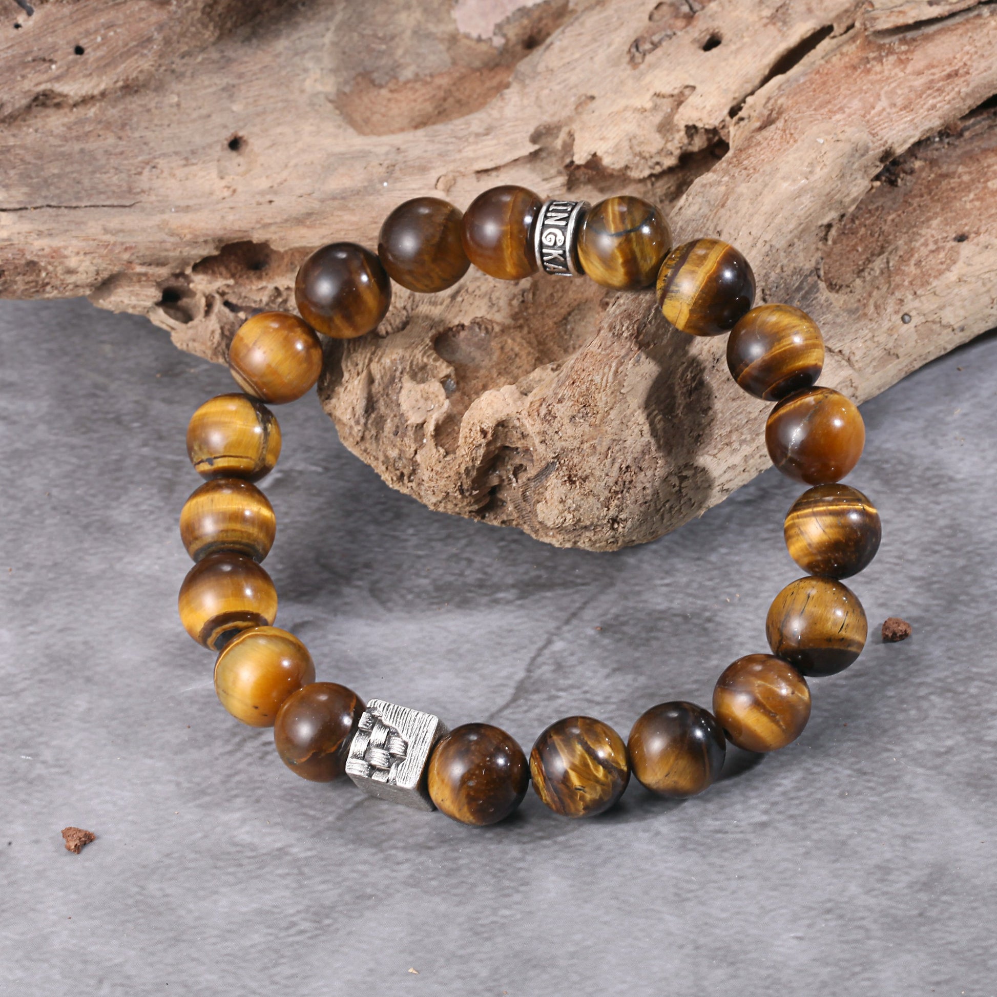 Men's Wristband with Tiger Eye, Woven Cube - KINGKA Jewelry