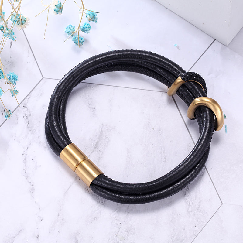 Women Warp-Around Bracelet Leather, Black Stardust - KINGKA Jewelry