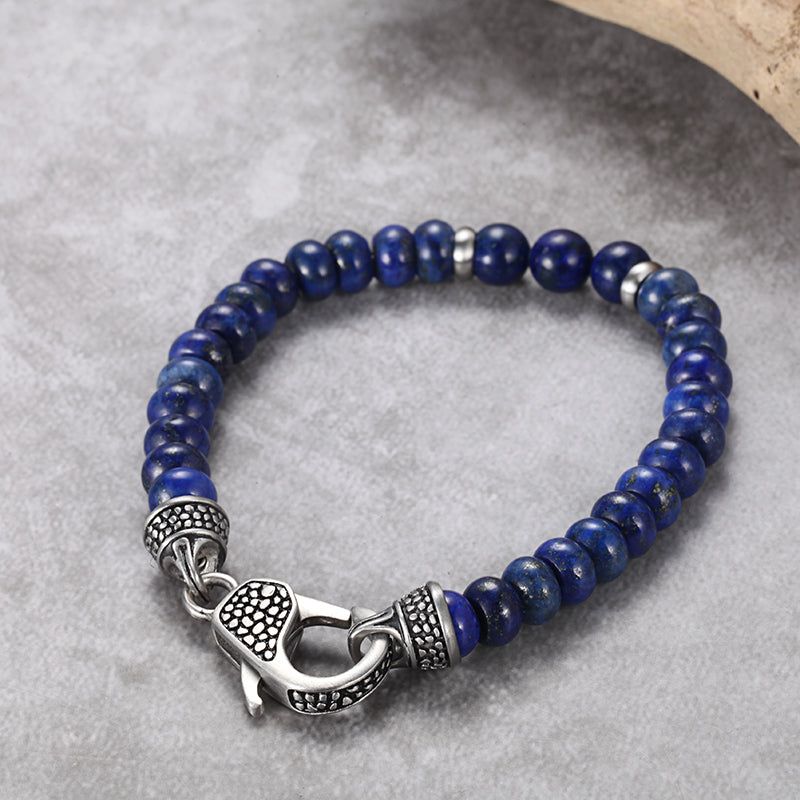 Men's Beaded Bracelet with Abacus Shape Lapis, Reptile Clasp - KINGKA Jewelry