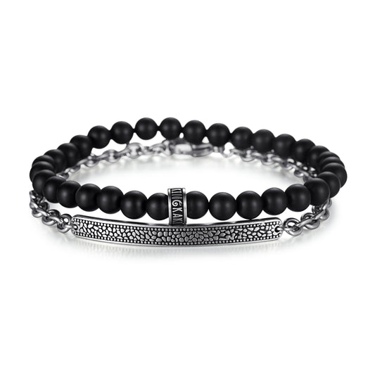 Men's Stacking Bracelet with Onyx, Reptile Engraved Chain - KINGKA Jewelry
