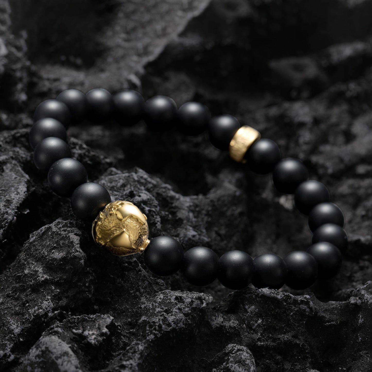 KINGKA Gold Plating Globe Map Matt Agate Bead Bracelet