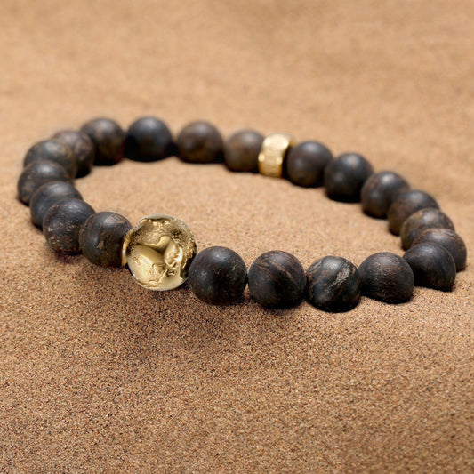 KINGKA Bronzite Stone Beaded Bracelet Gold Plating Globe Map