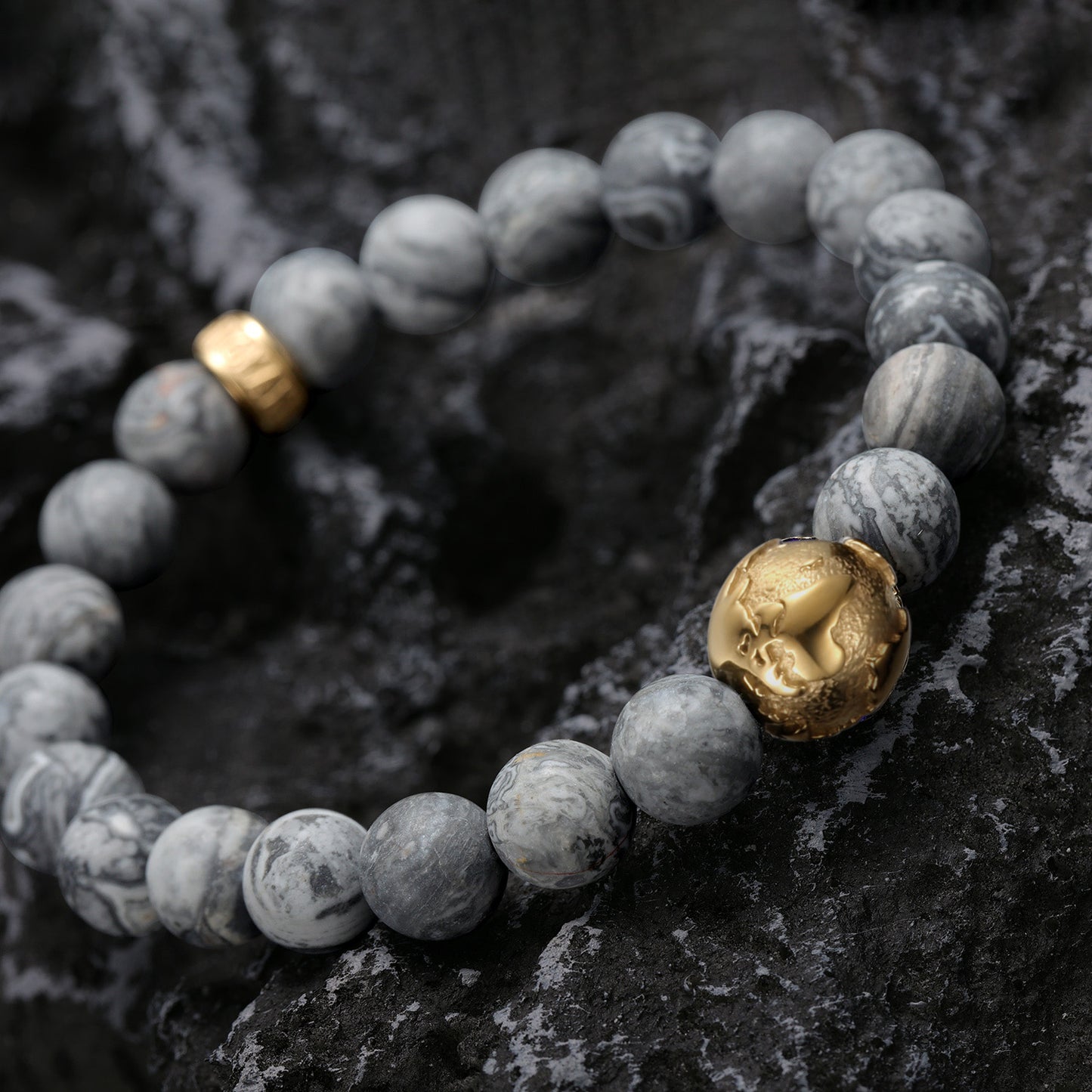 KINGKA Gold Plating Globe Earth Grey Jasper Bead Bracelet