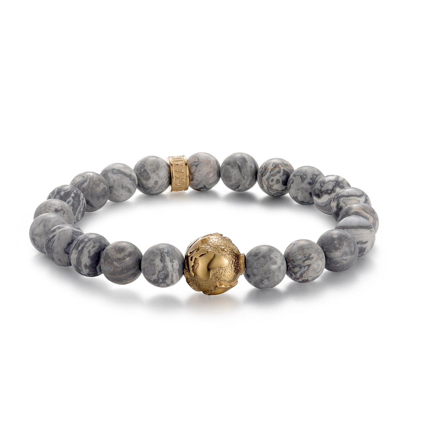 KINGKA Gold Plating Globe Earth Grey Jasper Bead Bracelet