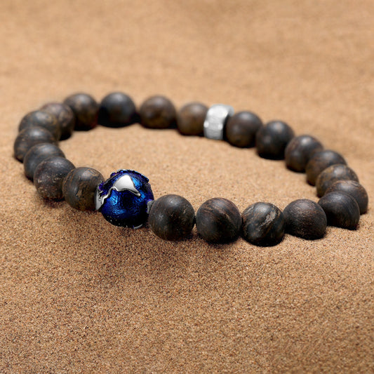 KINGKA Bronzite Stone Beaded Bracelet with 316 Stainless Steel Globe Map Accessory