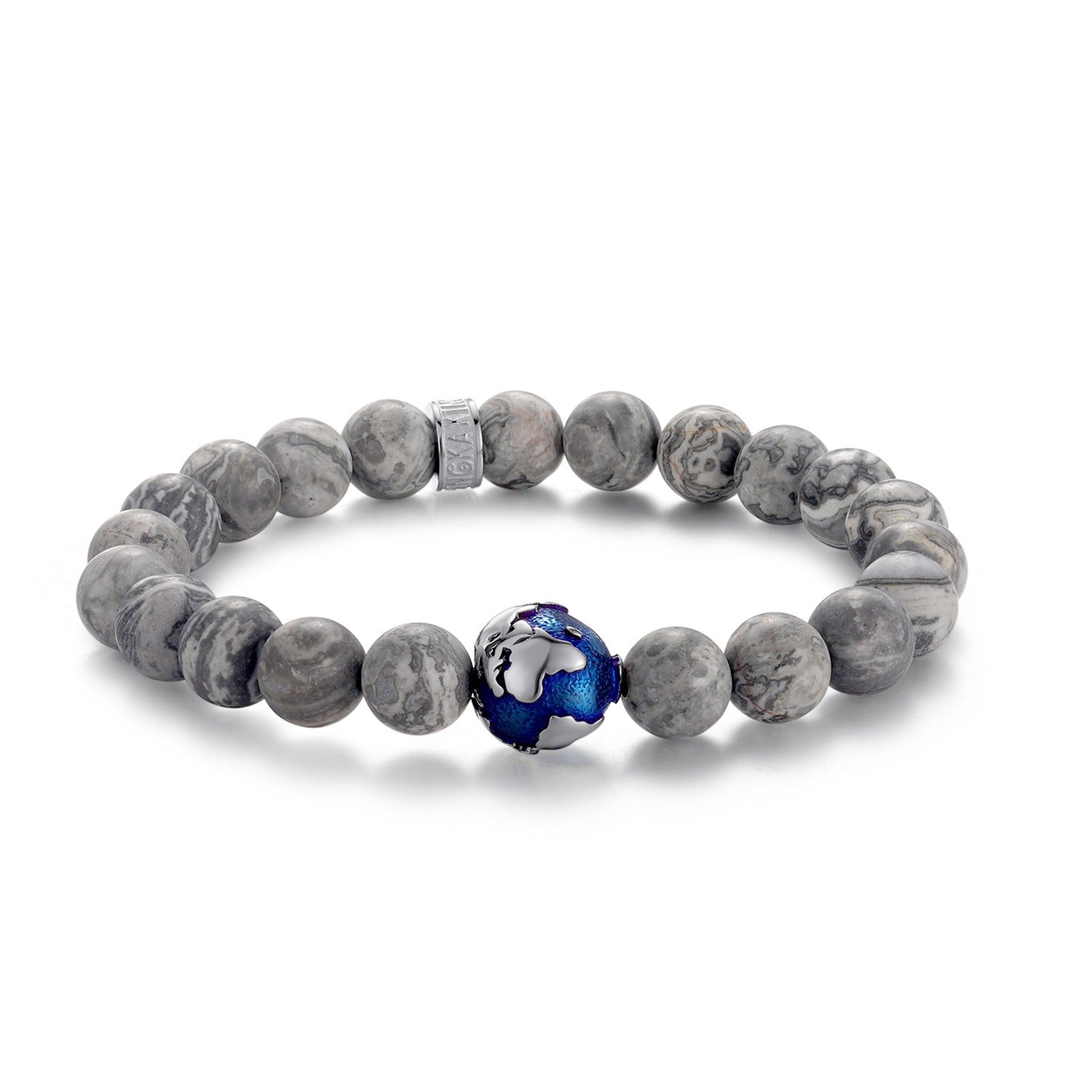 KINGKA Grey Jasper Bead Bracelet, Silver Blue, The Earth - KINGKA Jewelry