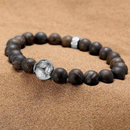 KINGKA Bronzite Stone Beaded Bracelet with 316 Stainless Steel Globe Map Accessory